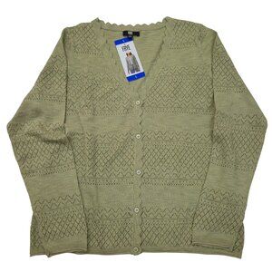 Frye Women's Cardigan Green Sweater Pointelle Long Sleeves Soft Cotton Size L